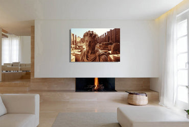 Septimius Severus in Leptis Magna canvas print by Storaro - Classical emperor bust with North African archaeological ruins in golden double exposure on premium gallery canvas
